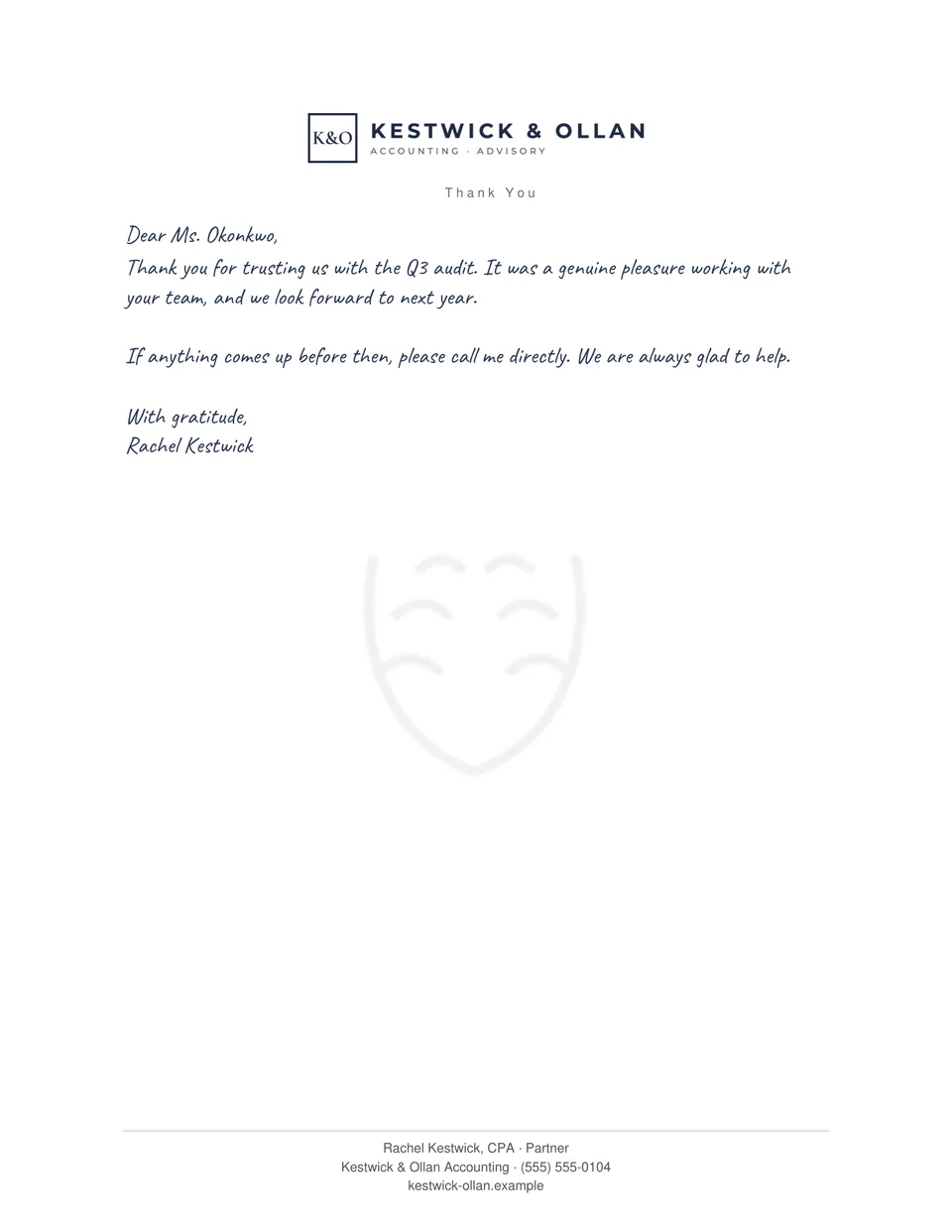 A real print render of a sample thank-you letter on Kestwick & Ollan Accounting letterhead: the logo at the top, a short letter to Ms. Okonkwo in the Quick handwriting style, and three contact lines at the foot of the page.
